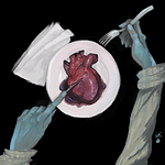 A digital painting of two blue-green hands holding cutlery, and cutting into a heart on a plate